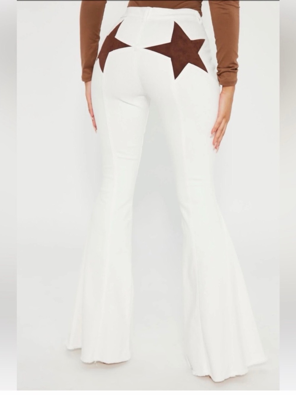Women’s White Flare Pants with Brown Star Detail